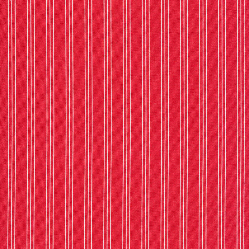 Red fabric with groups of three white vertical pinstripes spaced evenly apart