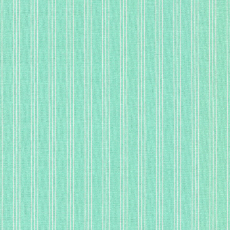 Aqua fabric with groups of three white vertical pinstripes spaced evenly apart
