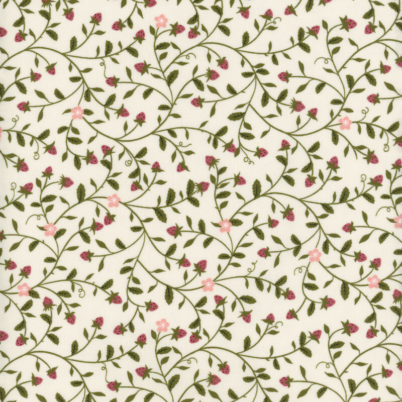 fabric with climbing vines, pink flowers and ditsy strawberries on a cream backgorund
