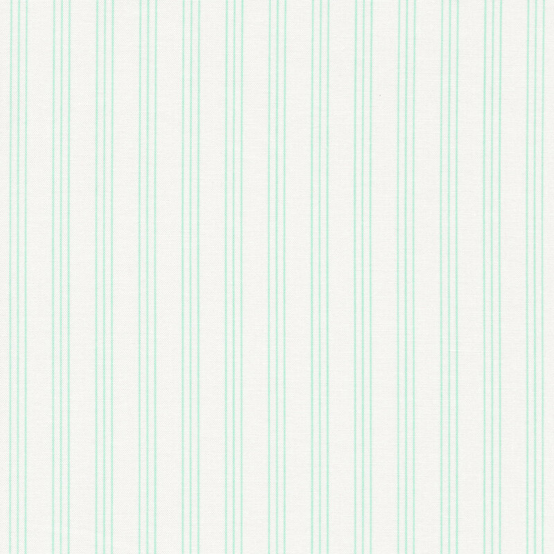White fabric with groups of three aqua vertical pinstripes spaced evenly apart