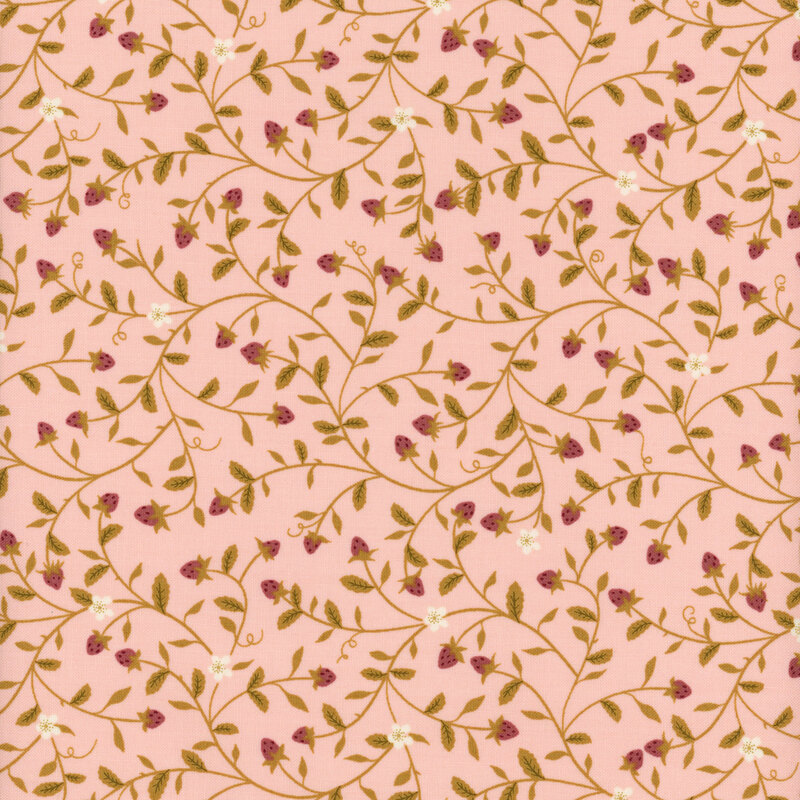 fabric with climbing vines, white flowers and ditsy strawberries on a light pink backgorund