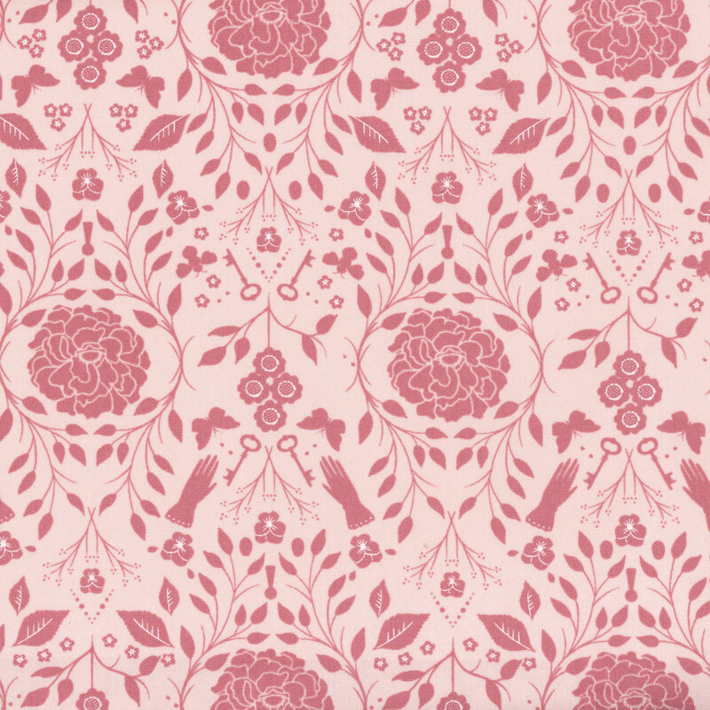 fabric with dark pink damask print with florals and leaves with a light pink background