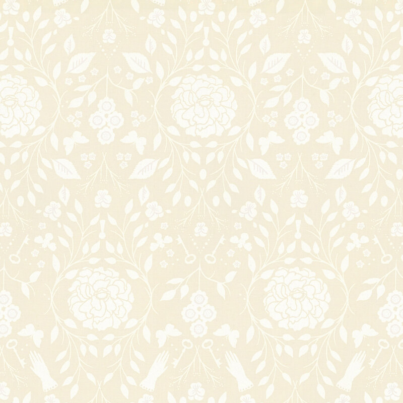 fabric with cream damask print with flowers, leaves and vine details