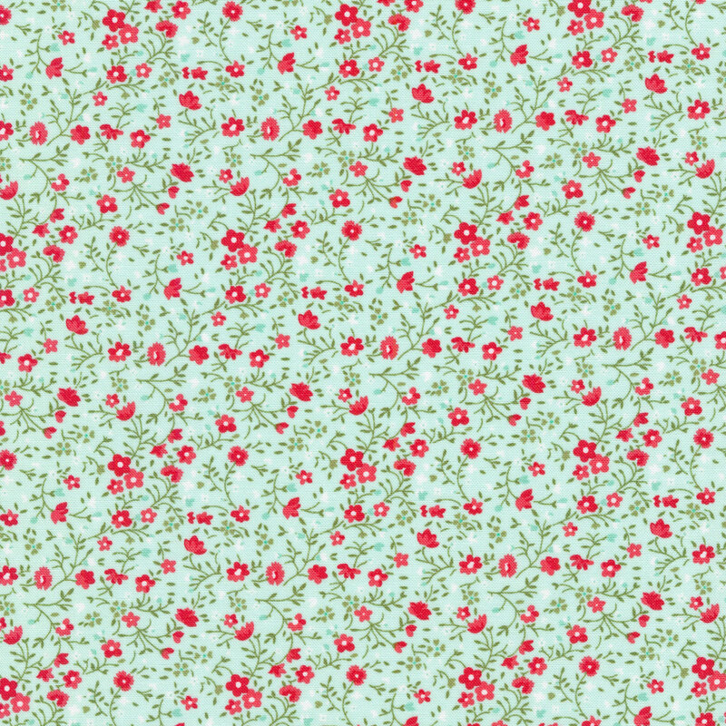 Aqua fabric with tiny ditsy red flowers with green intertwining stems and leaves