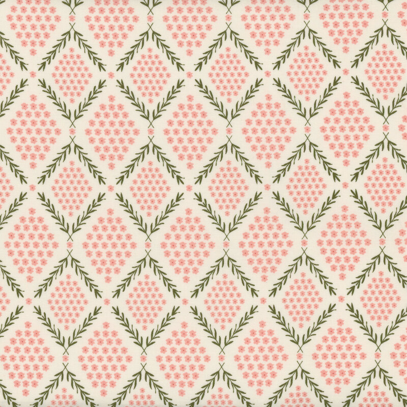 fabric with leafy vines bordering pink flowers on a cream background