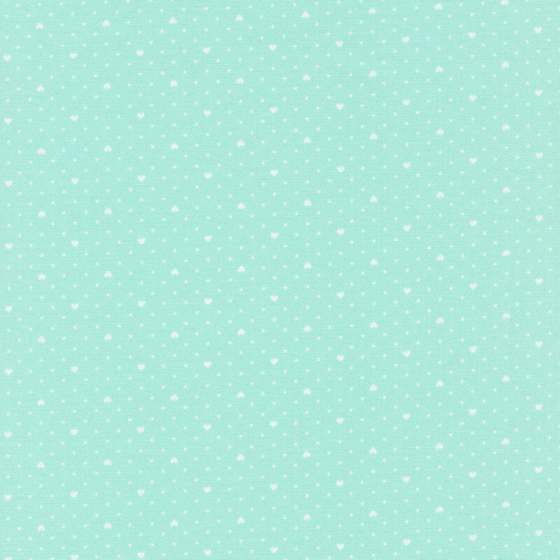 Aqua fabric with tiny white polka dots all over and evenly spaced small white hearts