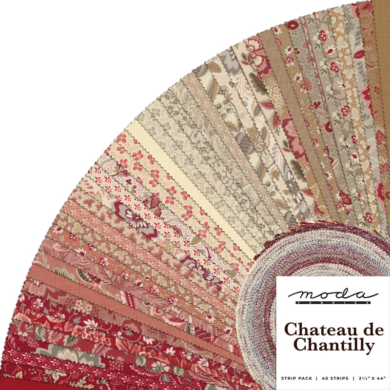 Image of Chateau de Chantilly jelly roll fabric strip set, tied with a ribbon