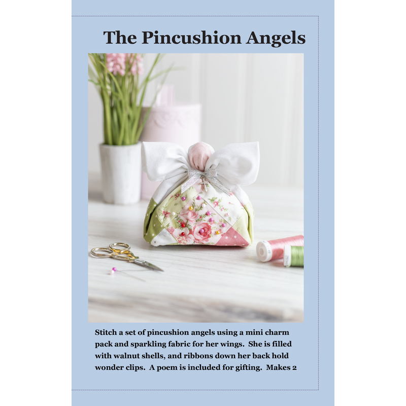 Pincushion Angels pattern front, with sample pincushion angel made from pink and green floral patchwork