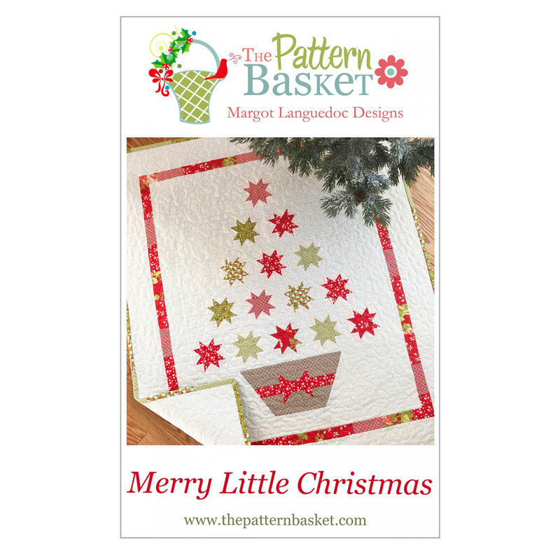 The front of the merry little christmas pattern by The Pattern Basket, depicting a christmas tree quilt made of pieced stars