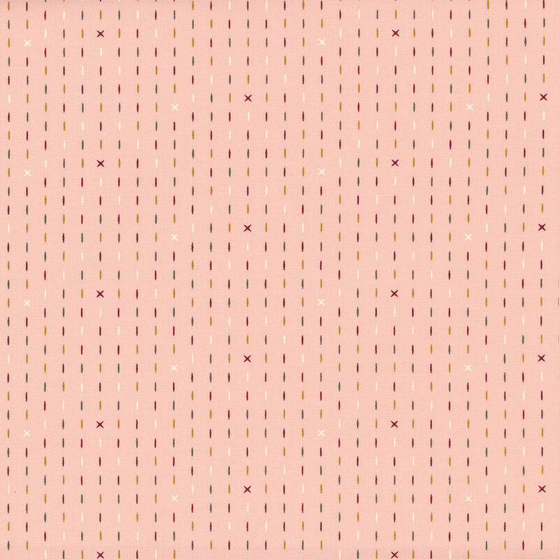 multicolored dashed lines with crosses on a strawberry cream pink background