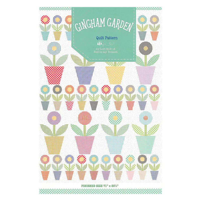 front of gingham garden pattern featuring a white quilt with multicolor potted flowers on it