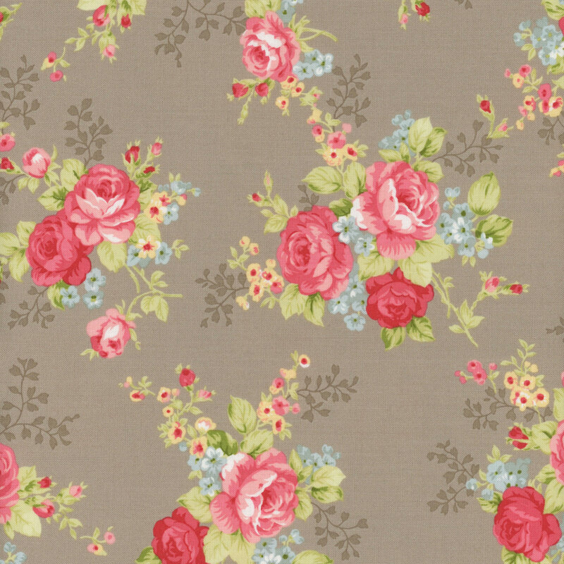 Floral fabric with a gray background featuring large pink roses and small blue and yellow flowers, accented by rosebuds and lush green leaves