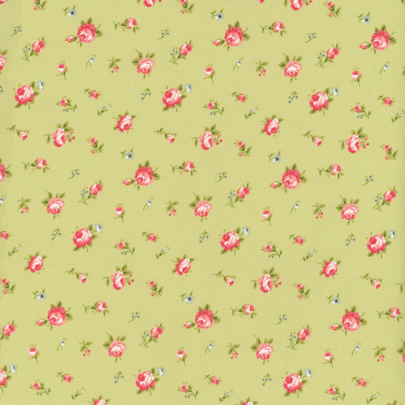 Floral fabric with a light blue background featuring pink roses in various stages of bloom, accented by small blue flowers