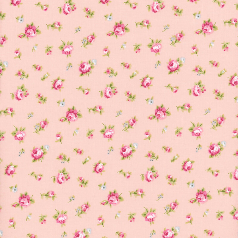 Floral fabric with a light pink background featuring pink roses in various stages of bloom, accented by small blue flowers