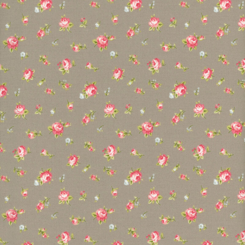Floral fabric with a gray background featuring pink roses in various stages of bloom, accented by small blue flowers