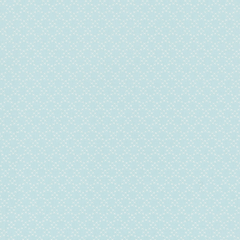 Fabric featuring a trellis pattern consisting of small white X-shapes, set against a light blue background