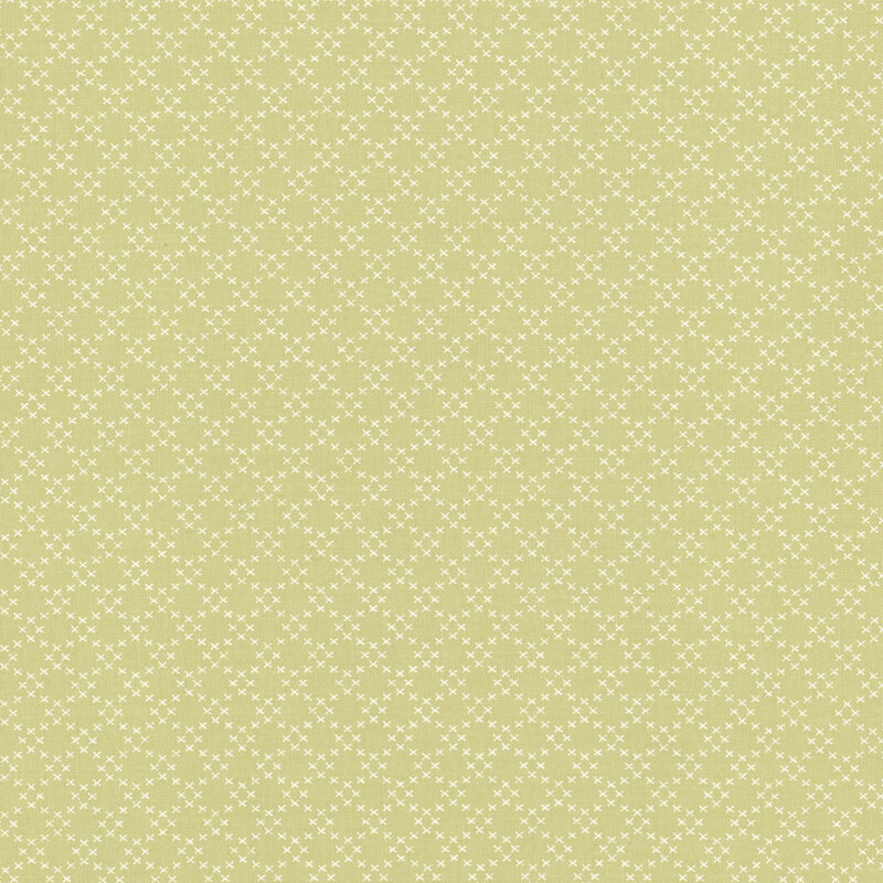Fabric featuring a trellis pattern consisting of small white X-shapes, set against a light green background