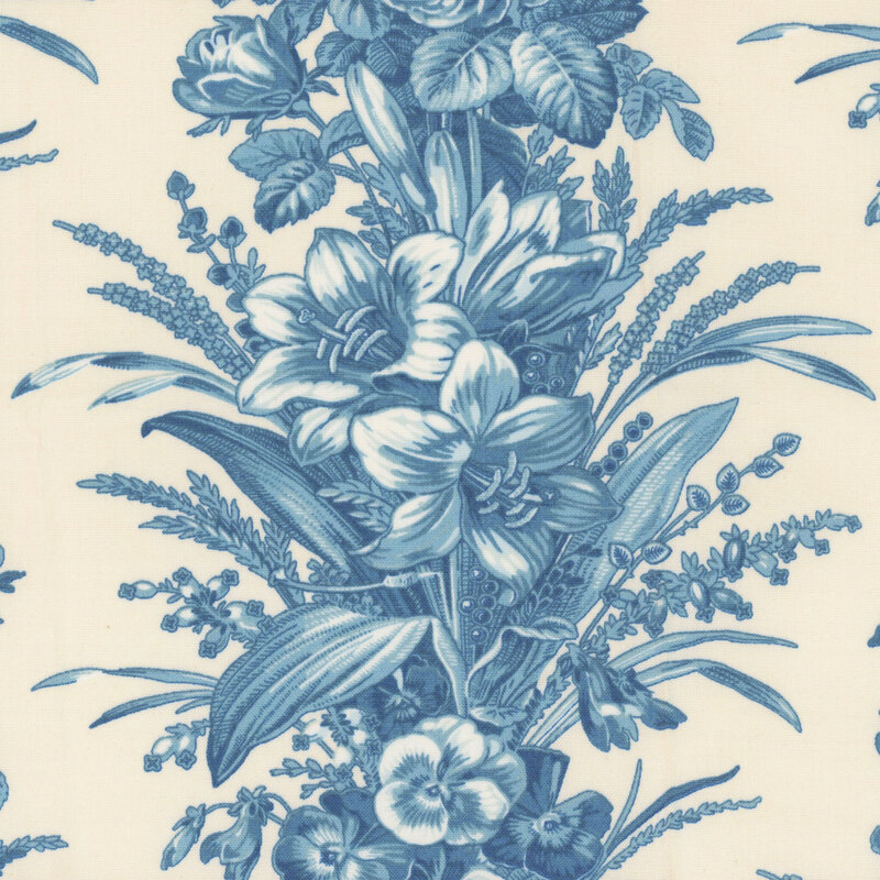 fabric featuring an array of blue lilies, violets, and roses arranged in vertical stripes on a cream background