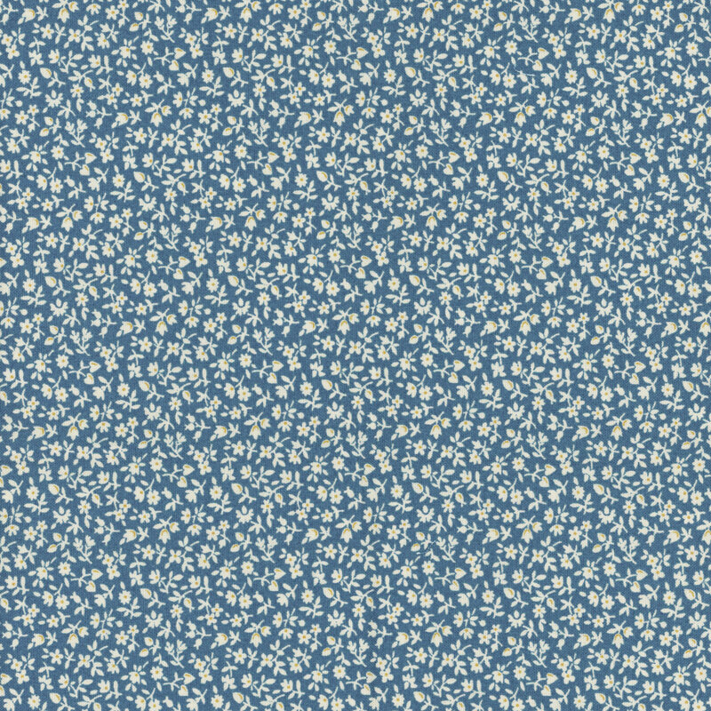 fabric featuring a tossed assortment of cream flowers and leaves set on a medium blue background
