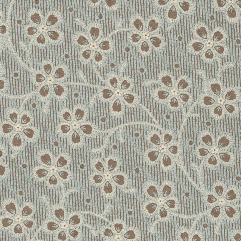  fabric featuring fun slate brown flowers with dotted cream accents, set on a gray and slate brown striped background