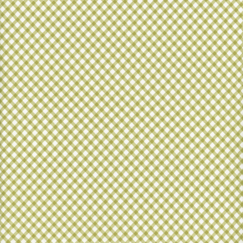 Fabric featuring a green gingham pattern set against a light cream background