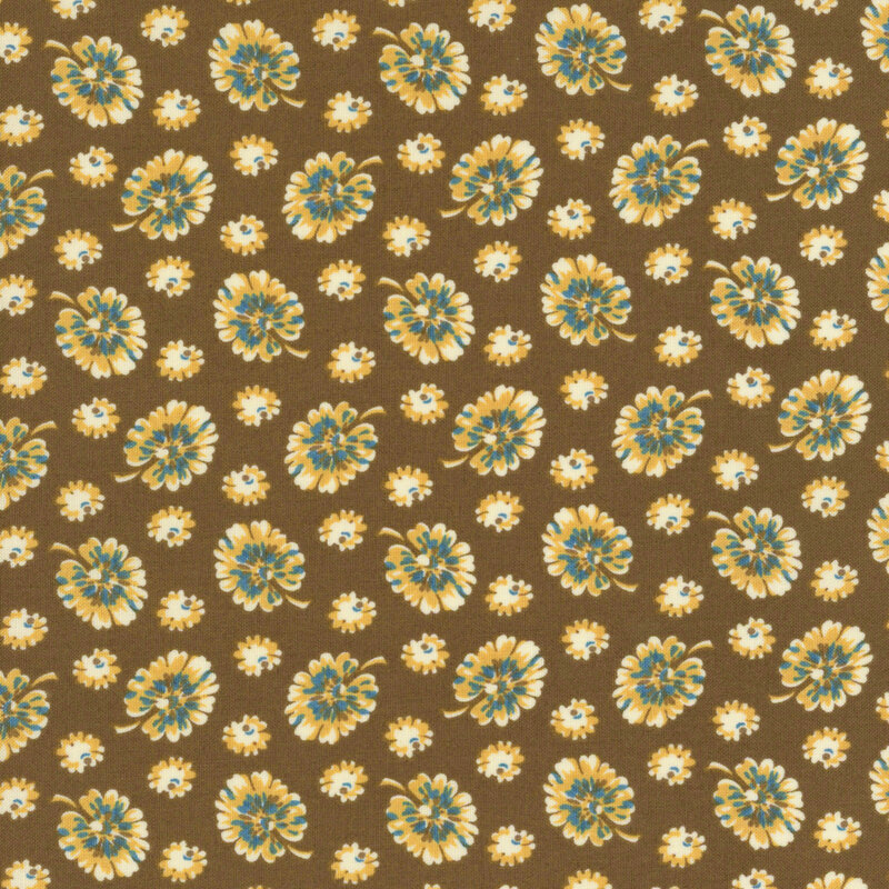 fabric featuring scattered clover blossoms with blue accents on a darker brown background