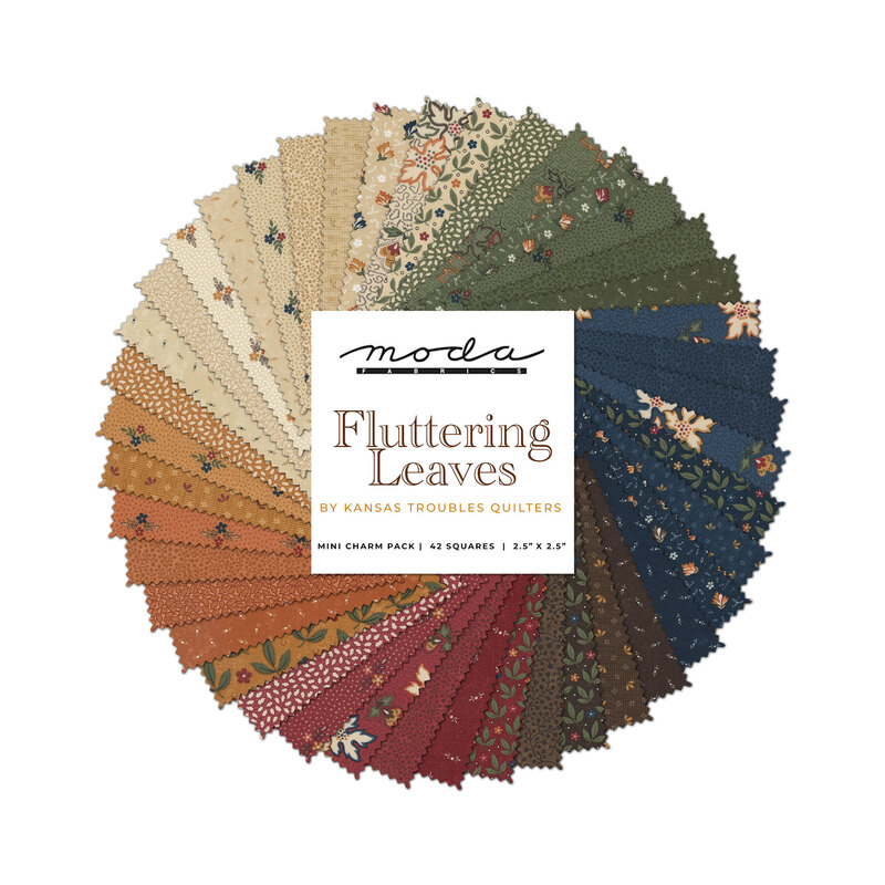collage of all fabrics included in Fluttering Leaves Mini Charm Pack