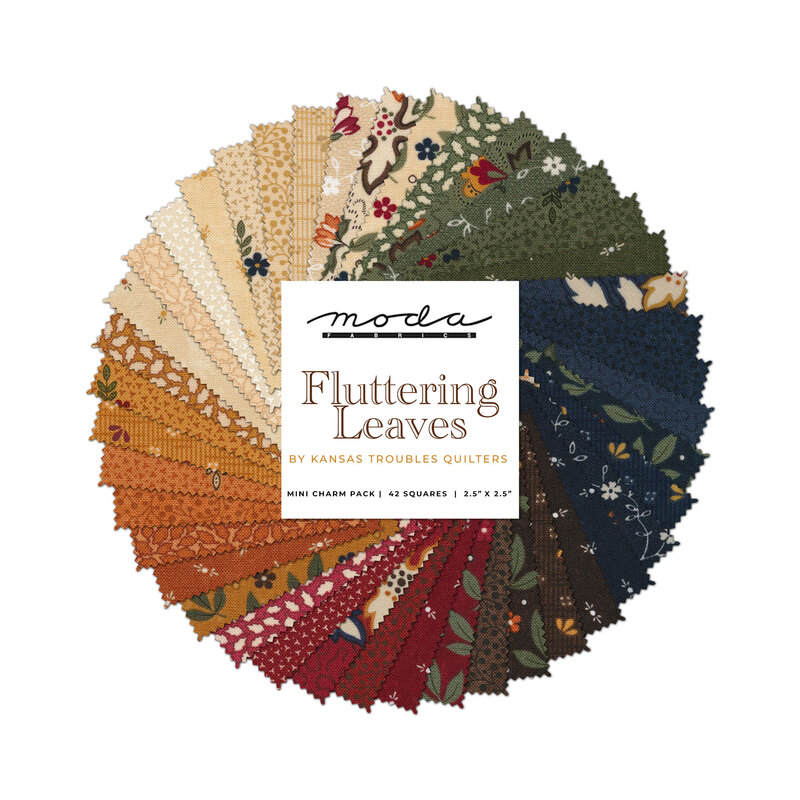 collage of all fabrics included in Fluttering Leaves Mini Charm Pack