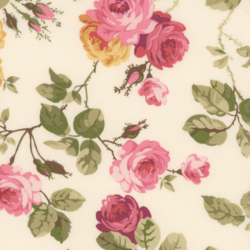 Image of fabric featuring a cream background with red, pink, and yellow roses, accented by thorny vines and leaves