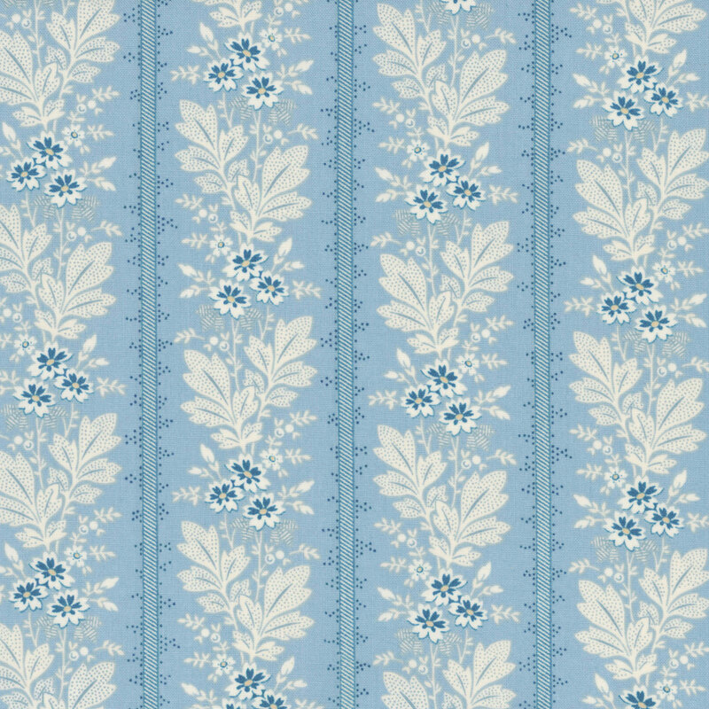 fabric featuring an array of light blue daisies and cream leaves set between vertical stripes on a light blue background
