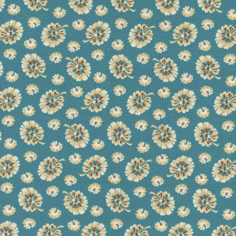 fabric featuring scattered cream-colored clover blossoms with brown and blue accents on a medium blue background