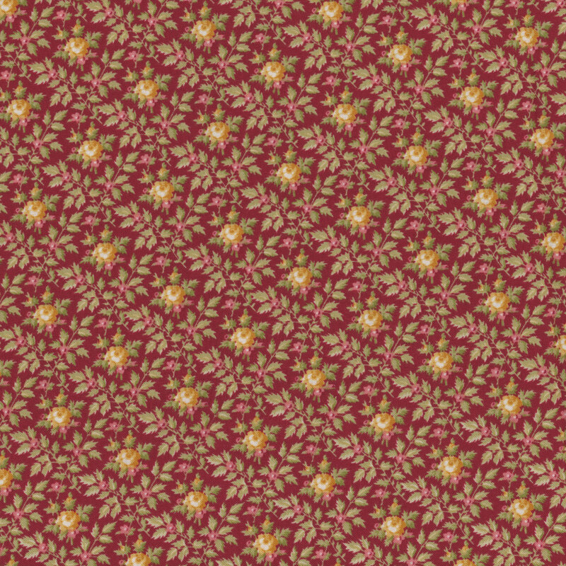 Image of fabric featuring a dark red background with yellow roses, accented by small pink flowers and plentiful leaves