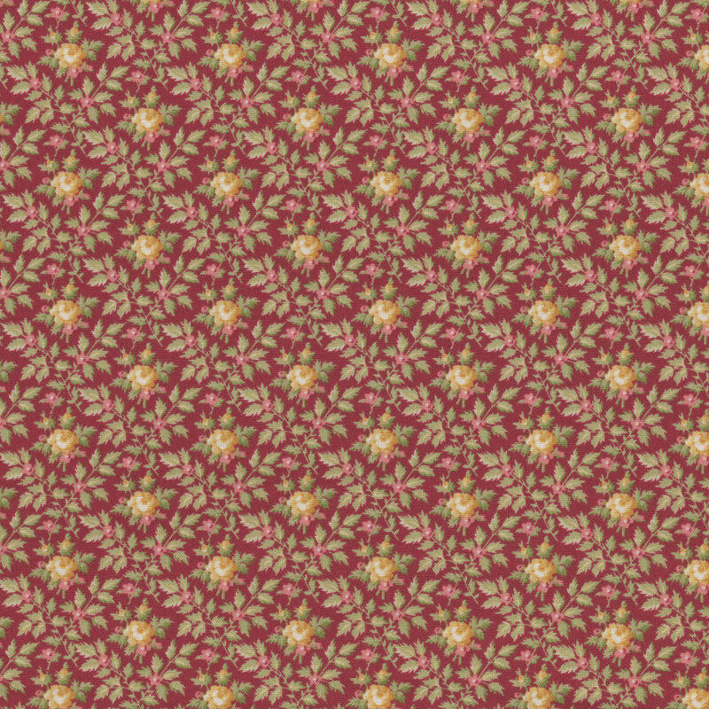 Image of fabric featuring a dark red background with yellow roses, accented by small pink flowers and plentiful leaves