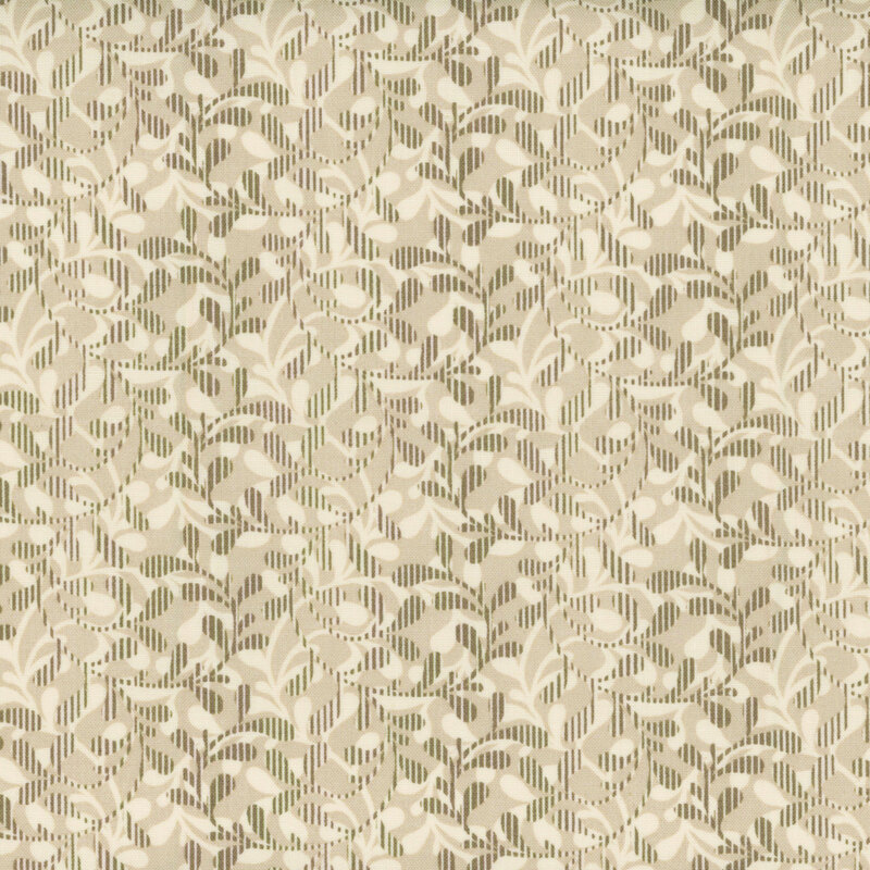 fabric featuring an array of beige vines on a cream background, accented by contrasting vertical stripes