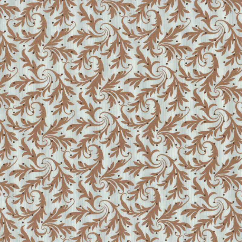 fabric featuring an array of graceful brown vines on a light blue background, accented by thin contrasting vertical cream stripes and brown polka dots