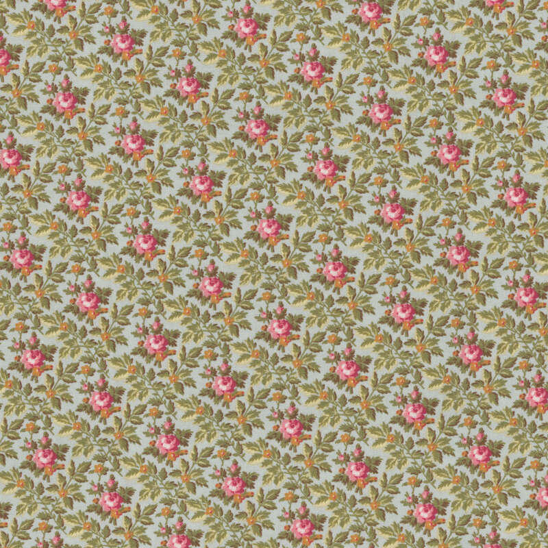 Image of fabric featuring a gray background with red roses, accented by small orange flowers and plentiful leaves