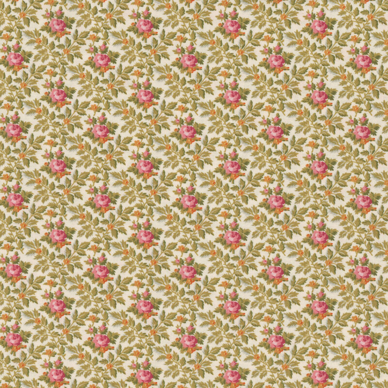 Image of fabric featuring a cream background with red roses, accented by small orange flowers and plentiful leaves