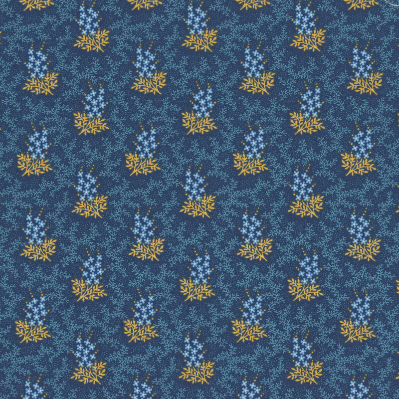 fabric featuring clusters of small blue flowers and beige leaves on a deep blue blue background, accented by scattered light blue vines