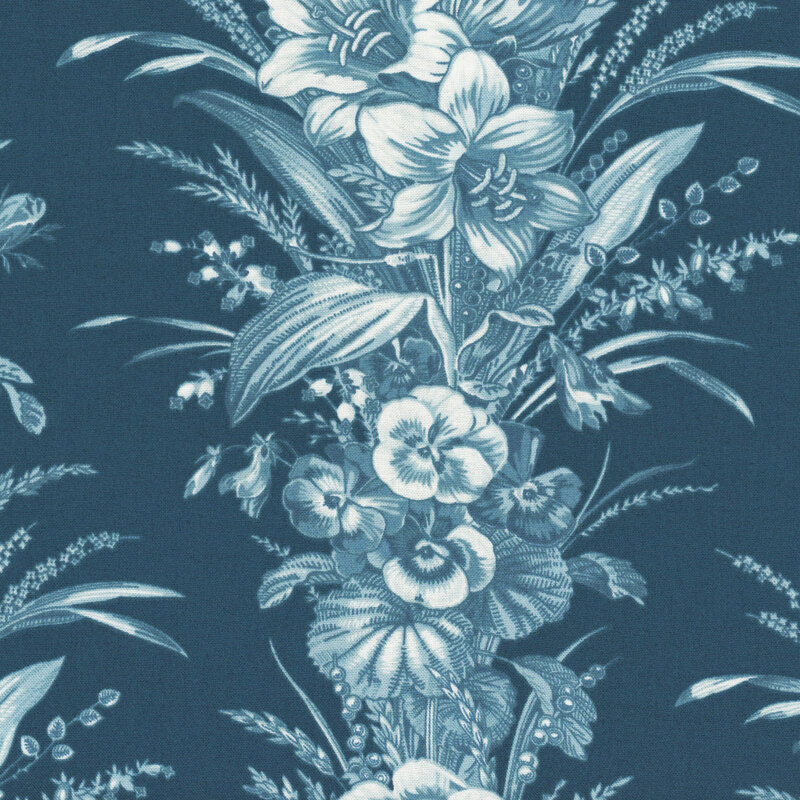fabric featuring an array of blue lilies, violets, and roses arranged in vertical stripes on a deep blue background