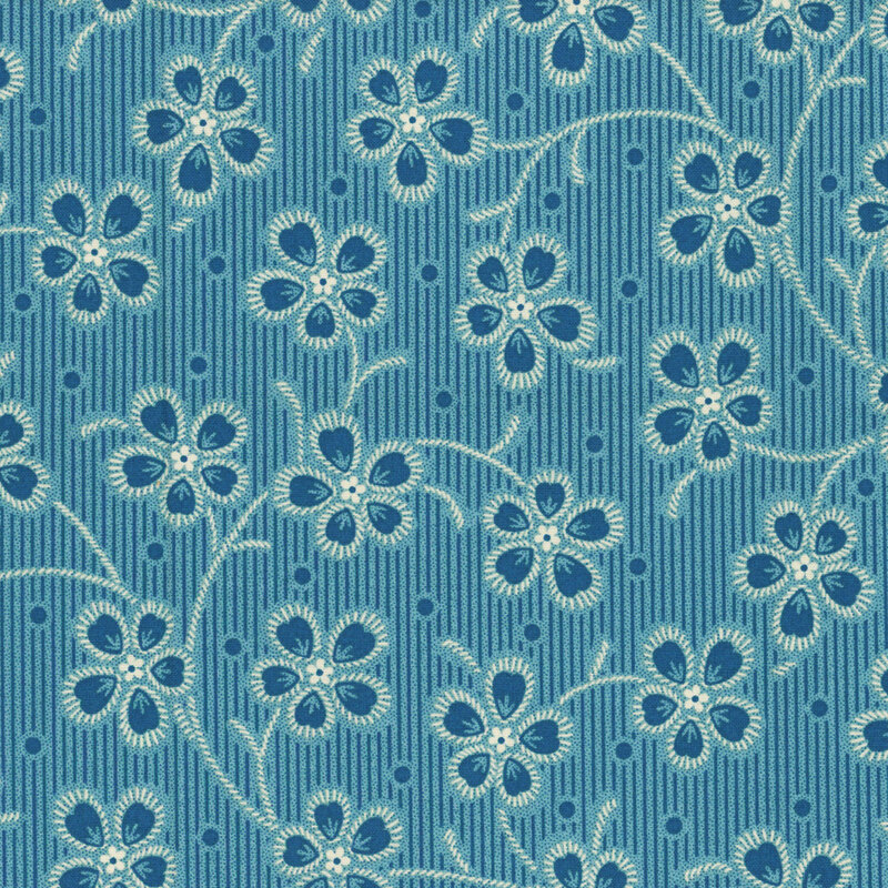 fabric featuring fun blue flowers with dotted blue and cream accents, set on a light and medium blue striped background