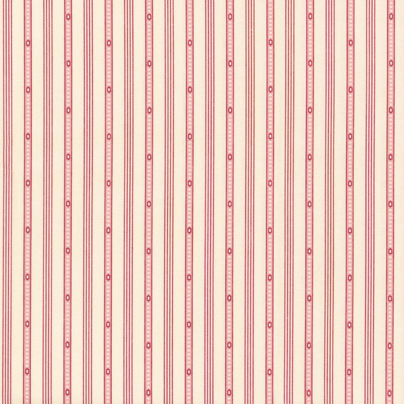 Image of fabric featuring a cream background with thick pink bands, broken up by thin pink stripes