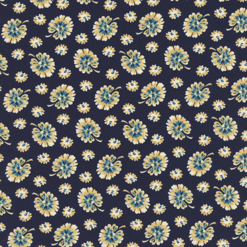 fabric featuring scattered cream-colored clover blossoms with blue accents on a deep blue background