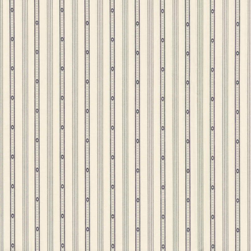 Image of fabric featuring a cream background with thick gray bands, broken up by thin gray stripes