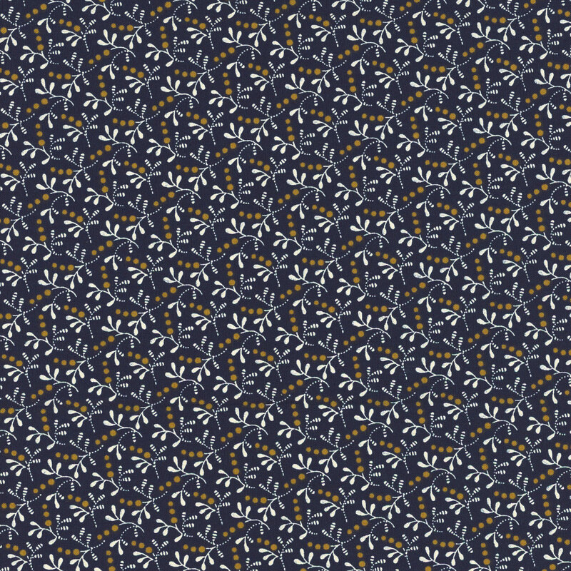 fabric featuring a background of deep blue with brown and cream vines winding across it