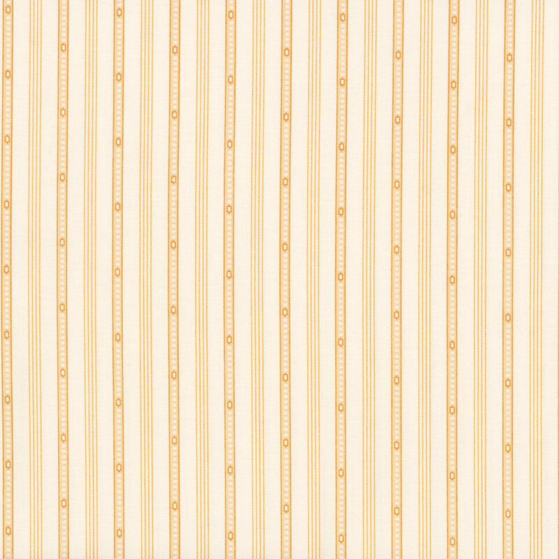 Image of fabric featuring a cream background with thick yellow bands, broken up by thin yellow stripes