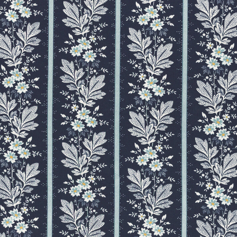 fabric featuring an array of light blue daisies and cream leaves set between vertical stripes on a deep blue background