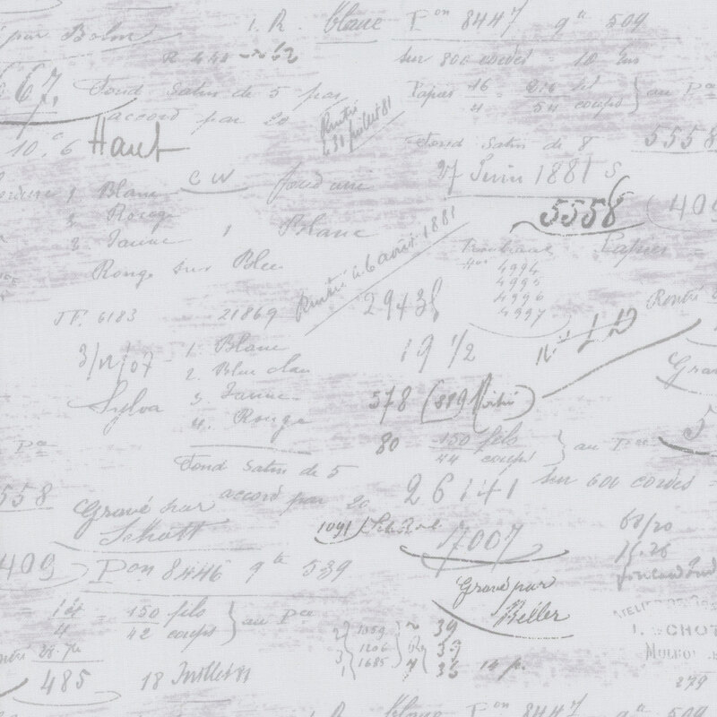 Image of fabric featuring tonal scribbles consisting of numbers and French words set against a light gray background