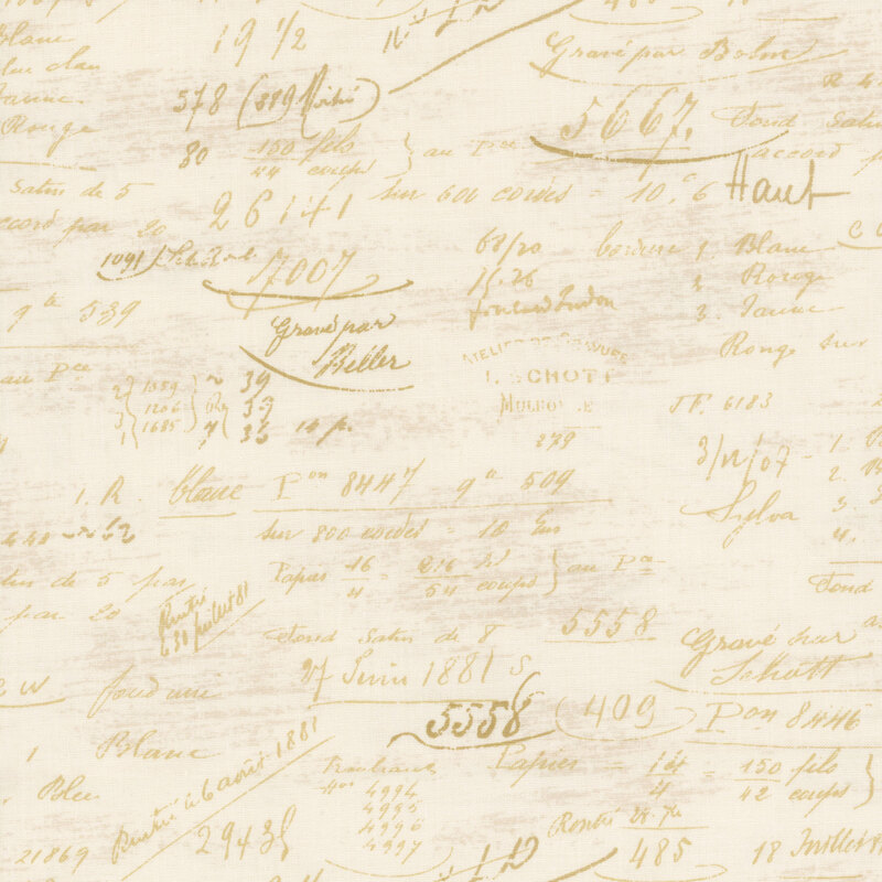 Swatch of fabric featuring tonal scribbles consisting of numbers and French words set against a cream background
