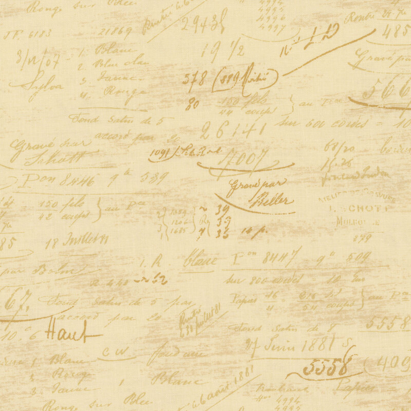 Swatch of fabric featuring tonal scribbles consisting of numbers and French words set against a light yellow background