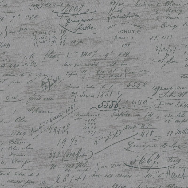  Swatch of fabric featuring tonal scribbles consisting of numbers and French words set against a dark gray background